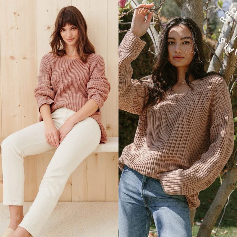 Jenni Kayne Cotton Cabin Sweater V-Neck in Rose Beige Size XXS Cable Knit